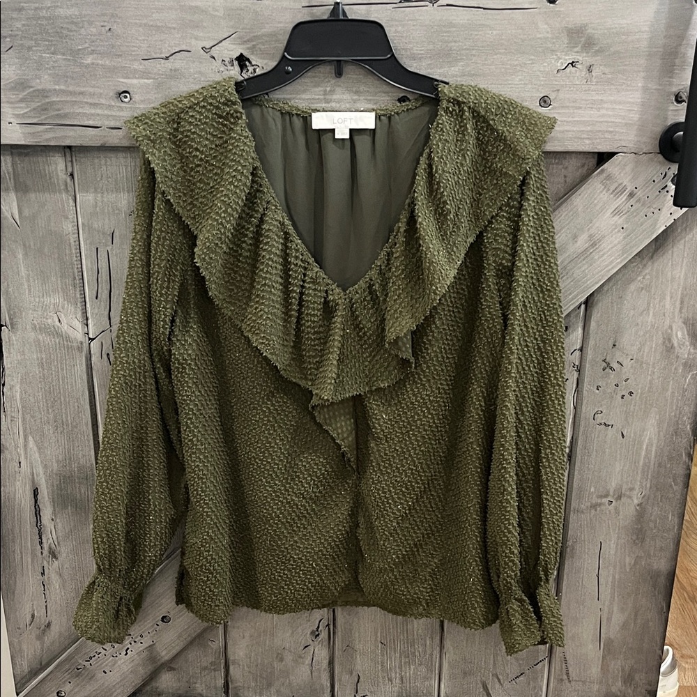 LOFT Textured Olive Blouse with Ruffle Detail